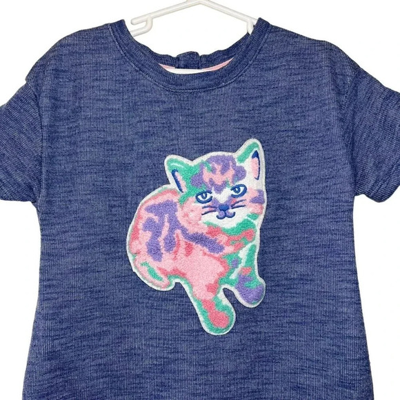Cat & Jack Girls Shirt Dress Medium 7/8 Patchwork Pastel Cat Short Sleeve Knit - Picture 5 of 7